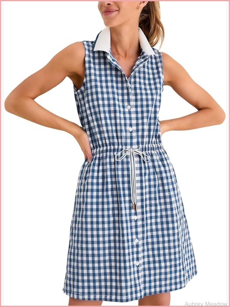 Sleeveless Gingham Polo Midi Dress With Pockets Adjustable Waist